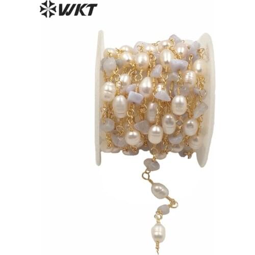 WT-RBC166 Fashion gold electroplated non tarnishable pearl and stone mix beads rosary chain findings lady necklace chain