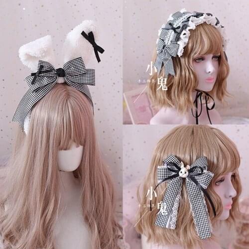 Japanese Lolita Alice Twin Sisters Black & White Plaid Hair Hand Lace KC Hair Rabbit Ear Bowknot KC Side Clip hair accessories