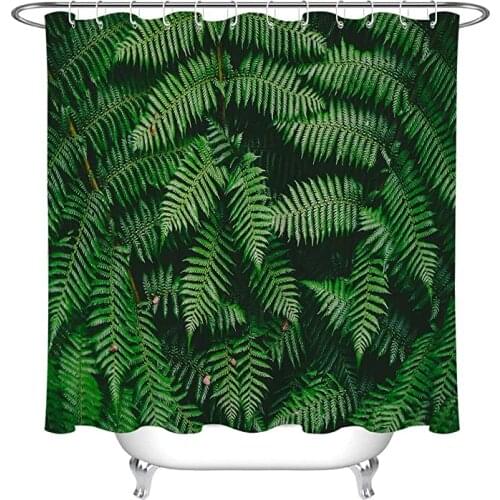 Waterproof Fabric Dark Green Fern Leaves Shower Curtain Liner Bathroom Set Hooks