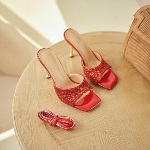 2021 Ladies Sequined Leather Slippers Thin Hgh Heels Footwear Summer Fashion Outside Women Slipper Mules Shoes Size 41 42 43