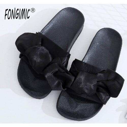 Fongimic Women Summer Slippers Comfortable Solid Flat Shoes New Women Casual Shoes Simple Bow tie Beach Slipper Green Black Pink