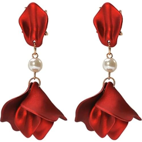 Spring Summer Red Earrings Gifts Vintage Wine Red Rose Flower Earrings Elegant Petal Tassel Long Drop Earrings Women Jewelry