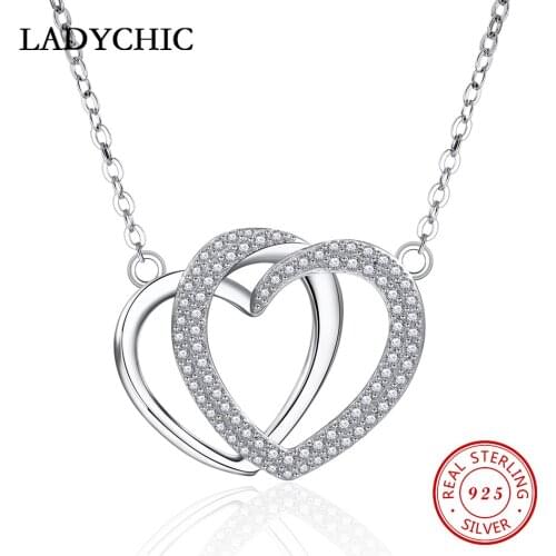 LADYCHIC Genuine 925 Sterling Silver Eternal Love Double Heart Pendant Necklaces Women Promise of Love Fine Jewelry Gift LNS1018