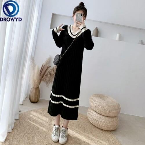 2021 Autumn and Winter Long Style with Coat Temperament Black O-neck Bottoming Knitted Sweater Dress Women Party Stretch Dress