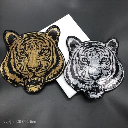 1Pc Hot-fix Ferocious Tiger Sequins Garments Lace Applique Animal Motif Venise Venice Lace Applique DIY Accessory 20X22.5 BD0469