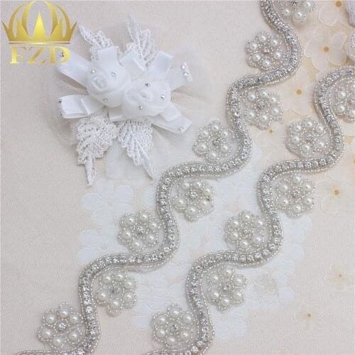 10 Yard Rhinestone Pearls Appliques Chain Yard Iron On Beaded Crystal Applique For Wedding Dress Glass Tim For Garment Garter