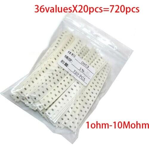 36valuesX20pcs=720pcs 0603 1ohm-10Mohm SMD Resistor Kit Assorted Kit 1% component diy samples kit new and original