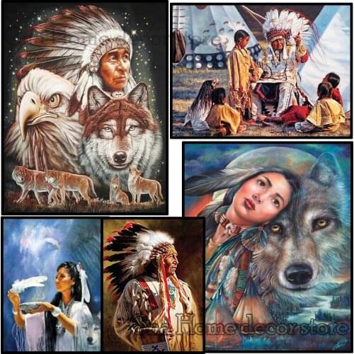 5D diy Needlework embroidery Indian Wolf animals pattern resin mosaic diy diamond painting 3d cross stitch kits room decoration