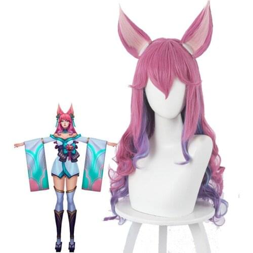 70cm Ahri Game LOL Cosplay Wig Spirit Blossom Cosplay Long Mixed Color Heat Resistant Synthetic Hair+ Free Wig Cap+ Ears C72K203