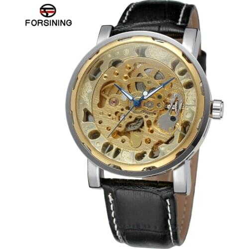 Forsining Mens Watch Hot Selling New Design Automatic Black Leather Strap Fashion Skeleton Wristwatch Color Gold FSG8109M3
