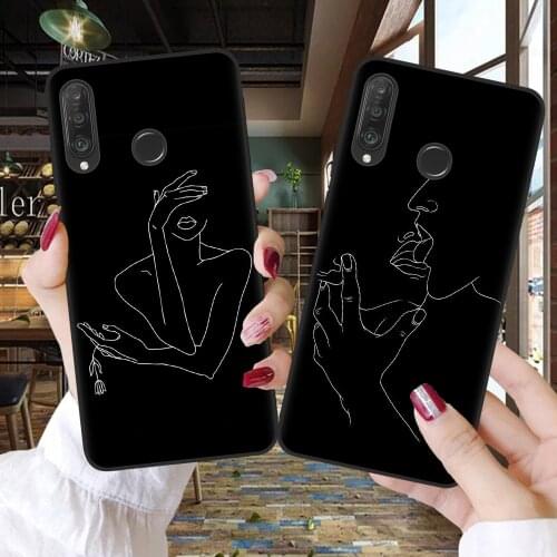 Funny Abstract Women Face Line Soft Phone Case For Huawei P10 P20 P30 P40 Lite E Mate 10 20 Lite Pro Black Cover Couples Shell