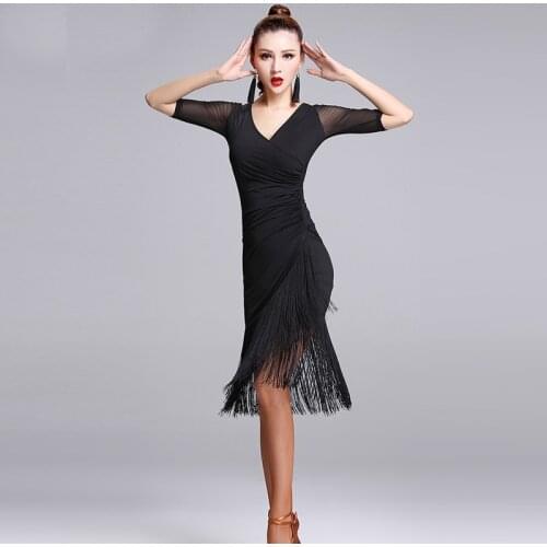 Black Latin Dance Dress Short-sleeve Latin Dance Tassel one-piece dress for women female Ballroom tango Cha Rumba Costumes