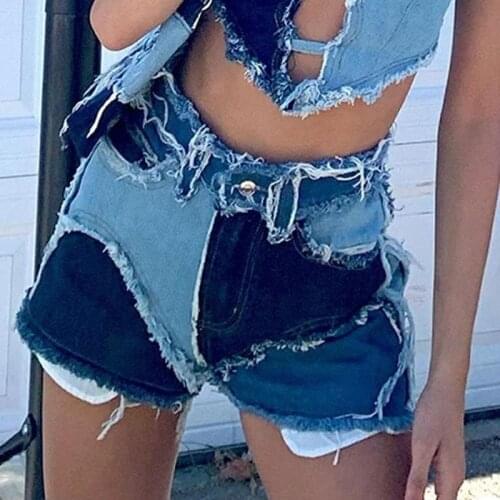 Summer Fashion Club Party Streetwear Mini Jeans Women High Waist Short Denim Scanties Vintage Patchwork Pocket Button Short Jean