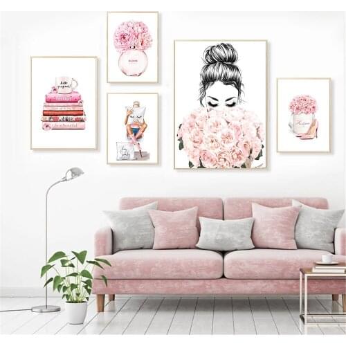 Bloom Flowers Canvas Print Pink Perfume Bottle Art Painting Fashion Poster Vogue Book Girl Wall Art Pictures Living Room Decor