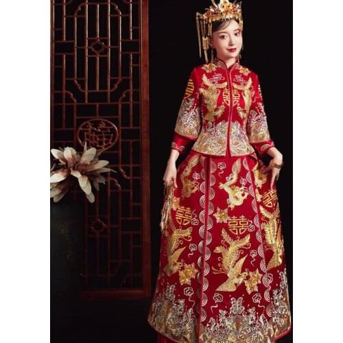 Refined Banquet Stylish Embroidery Chinese Traditional Rhinestone Dress Wedding Bride Dragon Phoenix Vintage Women Cheongsam