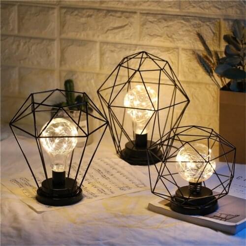 Creative Iron Table Lamp Hollow Geometric Diamond Shape Reading Lamp Vintage LED Night Lamp For Bedroom Bedside Desk Night Light