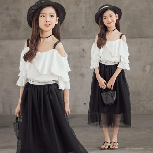 Summer New Korean Girls' Set Chiffon Mesh Skirt Off Shoulder Sling Lotus Leaf Sleeve Set Baby Girl Clothes