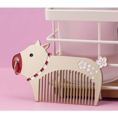 Cartoon Ox Mini Hair Comb Peach Blossom Alloy Portable Hairstyling Tool Gift