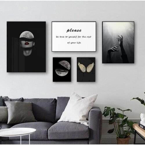 Wall Art Black and White Angel Wings Picture Abstract Moon Girl Poster Canvas Painting Nordic Style Dark Print Modern Home Decor