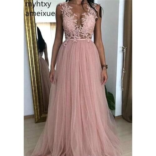 New Dusky Pink Sexy Prom Event Dresses 2020 Appliques Tulle Sleeveless Formal Wear Evening Party Gowns Custom Made Dress Elegant