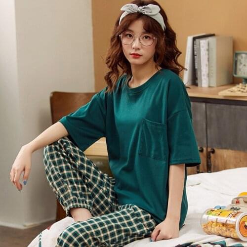 New Autumn Pajamas Cotton Short-Sleeved Trousers Turn-down Collar Homewear Set Cotton Pijamas Women Soft Sleepwear