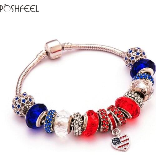 Poshfeel Heart Shaped American Usa Flag Charm Bracelet Women Diy Beads Jewelry Bracelet Patriotic Style Pulsera Mbr170093