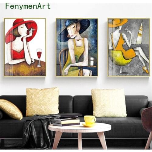 Nordic Abstract Woman Canvas Painting Modern Girl Poster Print Retro Character Wall Art Picture Mall Bar Restaurant Hall Decor