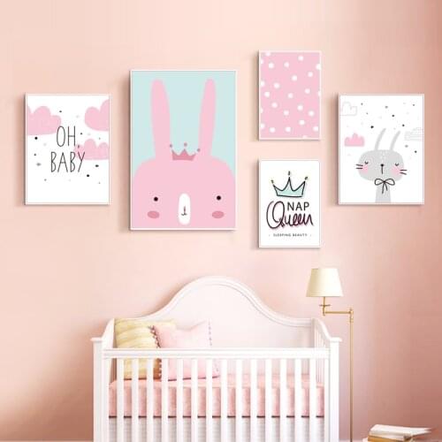 Nordic Baby Lovely Pink clouds rabbit Wall Art Poster Canvas Painting Decor Modern kid nursery Bedroom Print Pictures