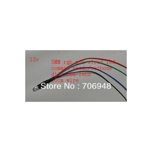 MIX 10pcs pre wired led,5mm rgb led,20cm wire,12v voltage,5mm diffused common anode