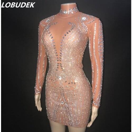 Evening Party Luxury Rhinestones Transparent Dress Women Singer Dancer Host See Through Costume Birthday Mesh Crystal Outfit