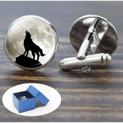 Full Moon White Wolf Animal Glass Alloy Cufflinks Suit Shirt Cuff Accessories Dad Men Box Packaging Gift Dropshipping