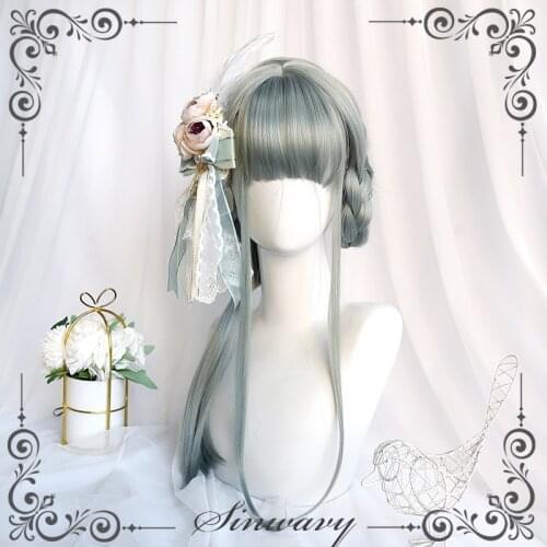 Gray Mint Green Lolita Wig Women Long Straight Synthetic Hair Fringe Bangs Adult Chic Girls Cosplay Daily Wear Wig