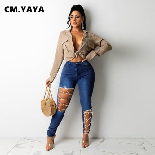 CM.YAYA Women Jeans Solid Hollow Out Badage Mid Waist Zip Pockets Skinny Stretchy Pencil Denim Pants Fashion Streetwear Summer