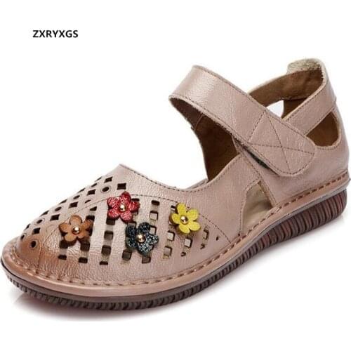2021 New Classic Flowers Hollow Summer Genuine Leather Sandals Comfortable Shoes Flat Soft Sole Women Sandals Fashionable Shoes