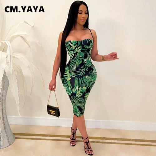 CM.YAYA Women Midi Dress Print Sleeveless Strap Slash Neck Stretchy Bodycon Knee Length Dresses Sexy Night Vestidos Summer 2021