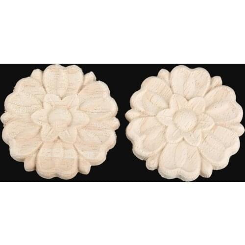 2Pcs 6cm Round Wood Carving Applique Oak Wood Furniture Decorative Mouldings Decal Cabinet Door Wood Figurine Craft Flower Board