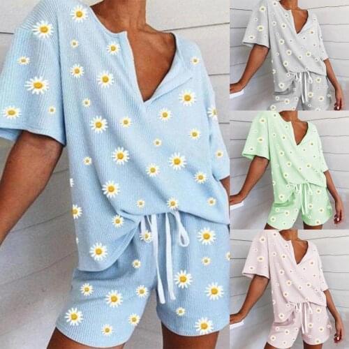 80% Hot Sales!!Casual Women Loose Outfit Short Sleeve T-shirt Shorts Marguerite Print Suit Set for Home