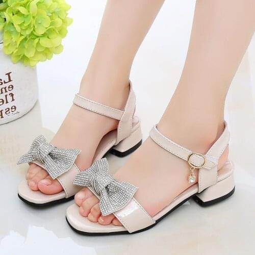Fashion Girls Princess Shoes For Summer Children Sandals Bowknot High-heeled Sandals Students Kids Shoes Black Beige Red 3-13T
