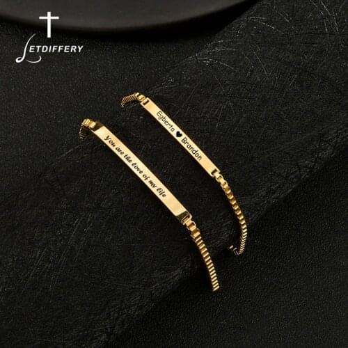 Letdiffery Personalized Name ID Bar Couple Bracelets Stainless Steel Adjustable Box Chain Custom Anniversary Birthday Jewelry