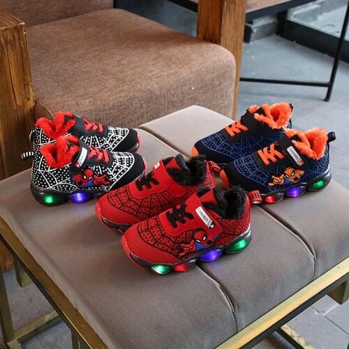 Spiderman Childrens LED Sneakers With Lights Girl Casual Shoes Autumn Winter Luminous Shoes For Kids Boys Plush Warm Sneakers