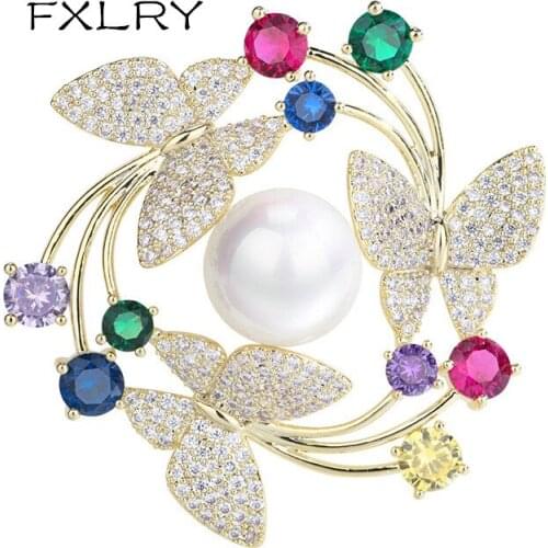 FXLRY New Design Fashion Grade Round Shape multicolor Cubic Zirconia Crystal Three Butterfly Pearl Pins Brooch Women Jewelry Ac