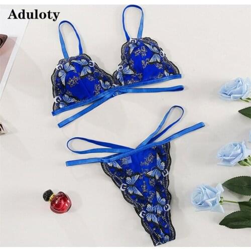 Aduloty Hot sale new womens butterfly embroidery wire free bra and panties set sexy lace underwear thong eroticl lingerie