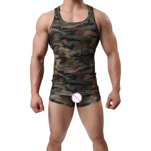 Novetly Mens Military Style Camouflage Print Muscle Bodybuilding Vest Tank Tops and Fashion Boxer Sexy Trunks Shorts