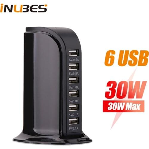 30W Desktop USB Charging Station For iPhone Samsung USB Charger Tower Universal 6 Ports Table Portable Travel Charger Desk Hub