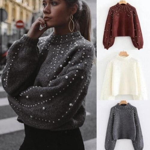 Autumn And winter Europe And The United States Round Neck Sweater Womens Pullover sweater female bubble beads gray wine re