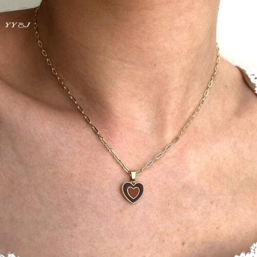 Red enamel double heart necklace for women 316l stainless steel gold link chain necklace cute simple free shippping trendy