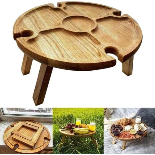 Portable Round Wooden Outdoor Folding Picnic-Table Glass Wine Beach 1 Holder Lawn Garden 2 Wine In Glass CampingTable T5P5