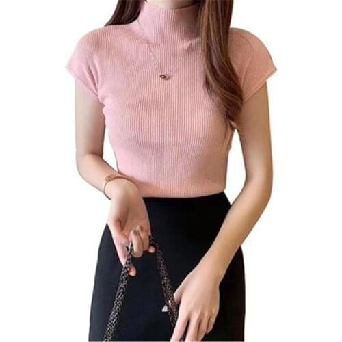 2021 Autumn New Half High Neck Short Sleeve Pullover Womens Casual Fashion Knitted Sweater All-match Solid Color T-shirt ZY5881