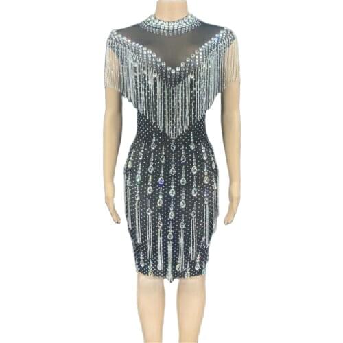 Crystal Rhinestone Sheath Dress See-through Tassel Dress Sexy Women Party Prom Formal Outfit Nightclub DJ Stage Show Costume