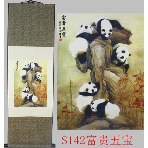 TOP foreign business gift Home office WALL Decorative painting CHINA FU GUI Panda chinese silk painting FENG SHUI ART